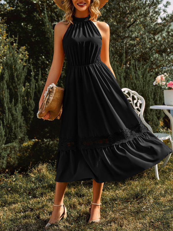 Women's Solid Color Halter Neck Lace Trim Midi Dress