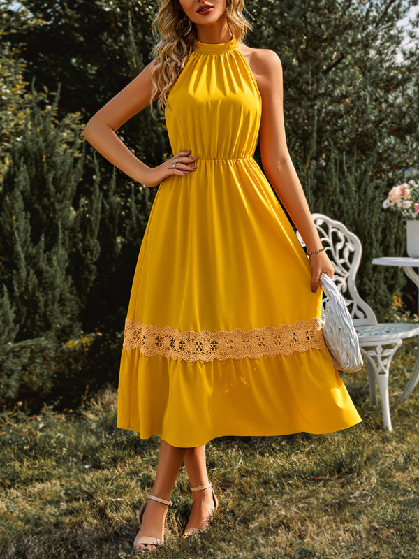 Women's Solid Color Halter Neck Lace Trim Midi Dress