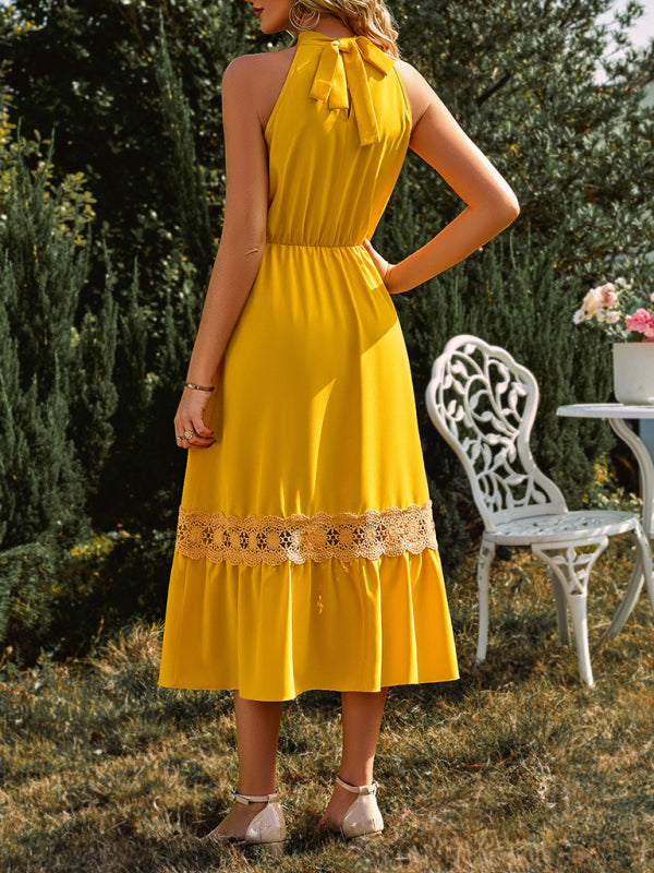 Women's Solid Color Halter Neck Lace Trim Midi Dress