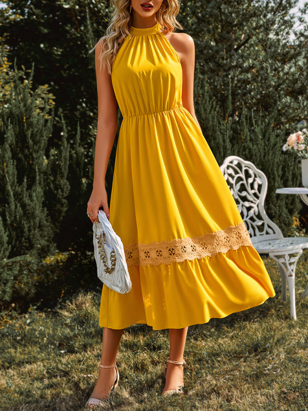 Women's Solid Color Halter Neck Lace Trim Midi Dress