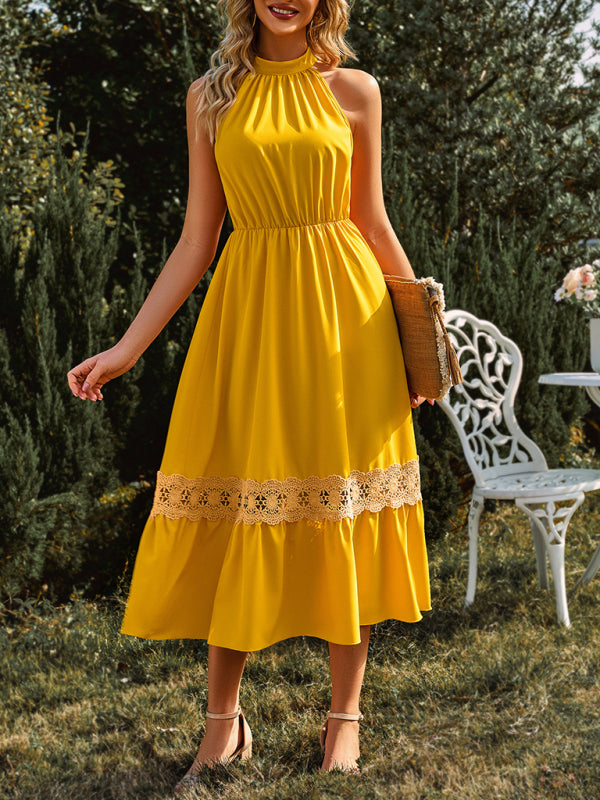 Women's Solid Color Halter Neck Lace Trim Midi Dress