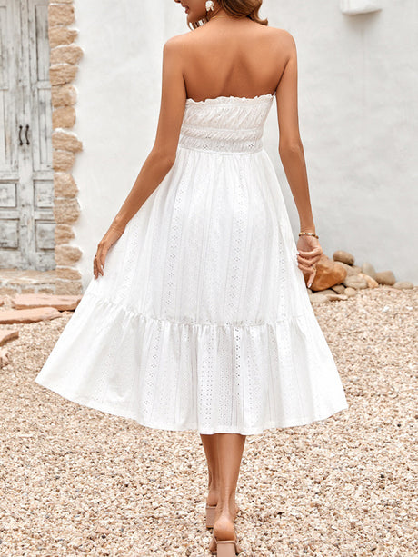 Women's Solid Color Strapless Taffeta Bubble-hem Lace Midi Dress
