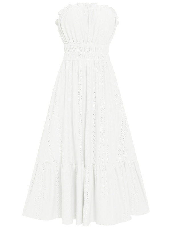 Women's Solid Color Strapless Taffeta Bubble-hem Lace Midi Dress