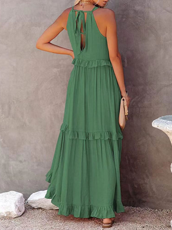 Women's Solid Color Halter Neck Ruffle Tiered Maxi Dress