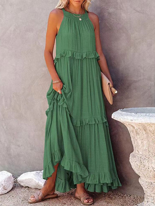 Women's Solid Color Halter Neck Ruffle Tiered Maxi Dress