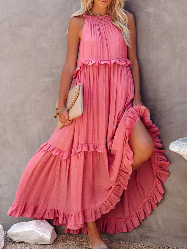 Women's Solid Color Halter Neck Ruffle Tiered Maxi Dress