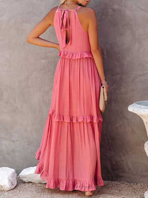 Women's Solid Color Halter Neck Ruffle Tiered Maxi Dress