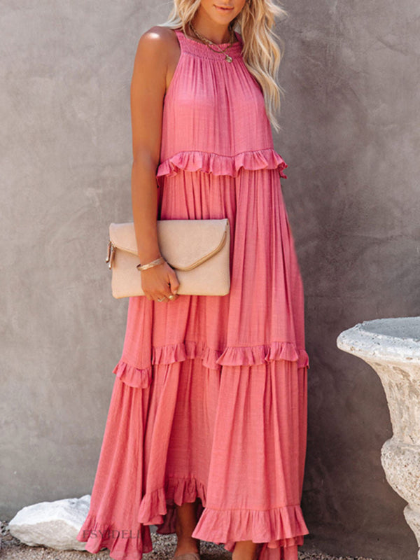 Women's Solid Color Halter Neck Ruffle Tiered Maxi Dress