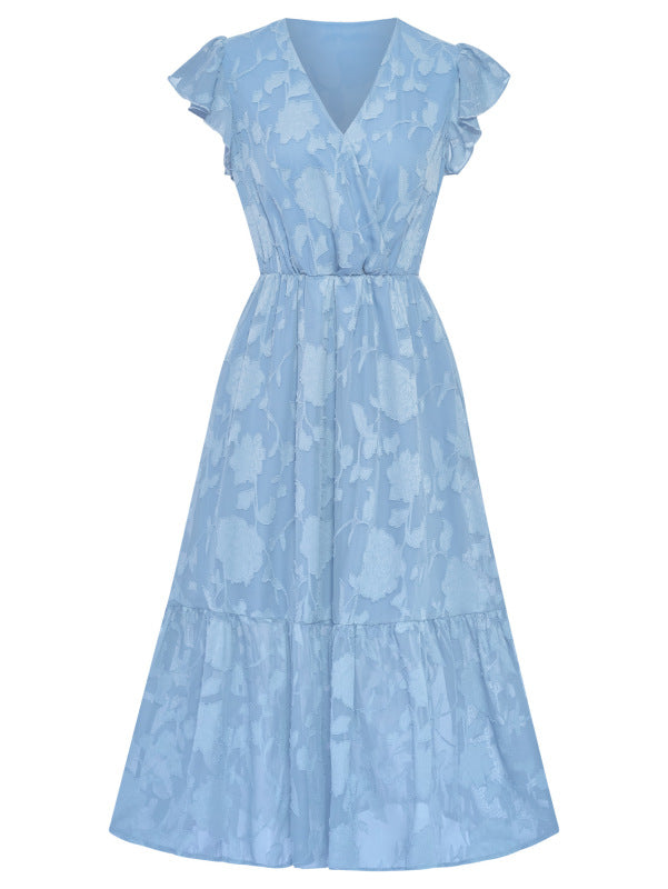 Women's Solid Color Elegance Floral Flutter Sleeves Midi Faux Wrap Dress