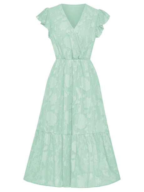 Women's Solid Color Elegance Floral Flutter Sleeves Midi Faux Wrap Dress