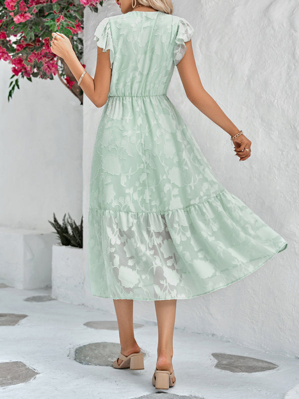 Women's Solid Color Elegance Floral Flutter Sleeves Midi Faux Wrap Dress