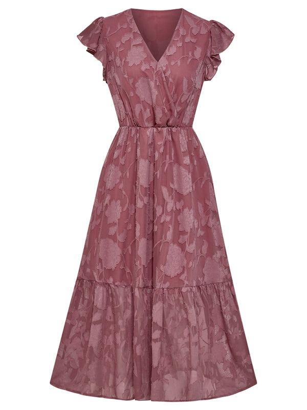 Women's Solid Color Elegance Floral Flutter Sleeves Midi Faux Wrap Dress