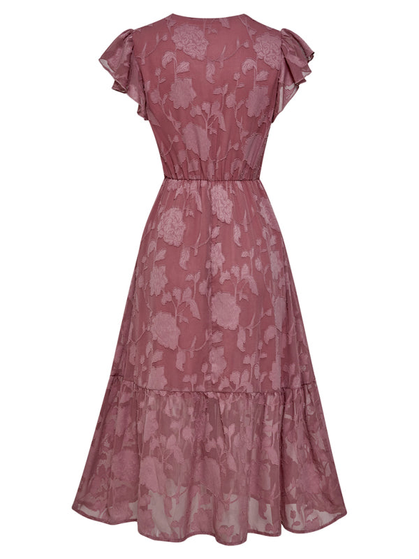 Women's Solid Color Elegance Floral Flutter Sleeves Midi Faux Wrap Dress