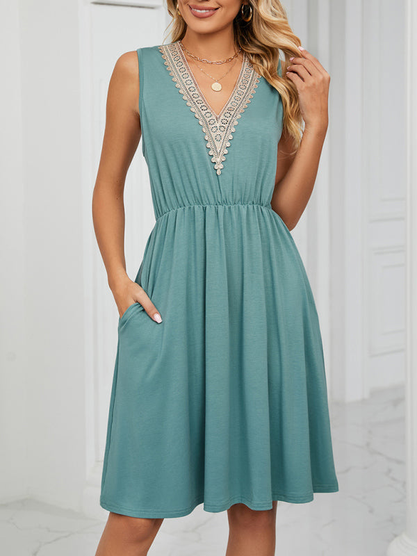 Women's knitted lace V-neck sleeveless pocket waist dress