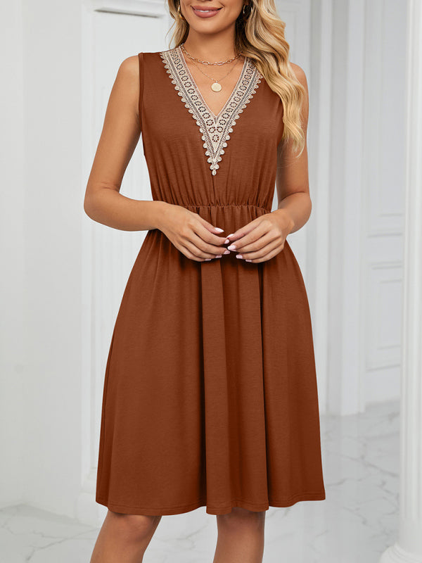 Women's knitted lace V-neck sleeveless pocket waist dress