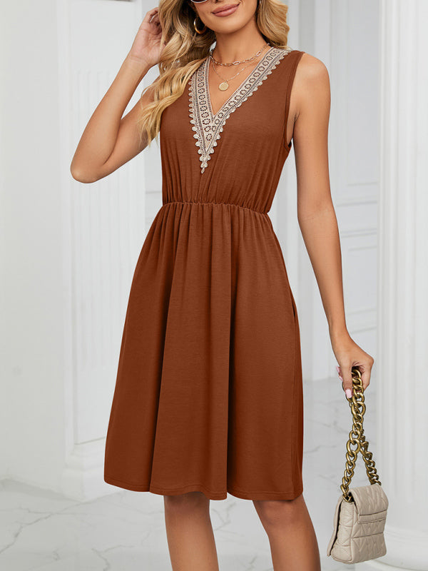 Women's knitted lace V-neck sleeveless pocket waist dress