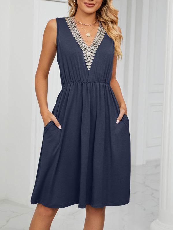 Women's knitted lace V-neck sleeveless pocket waist dress