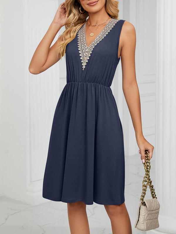 Women's knitted lace V-neck sleeveless pocket waist dress