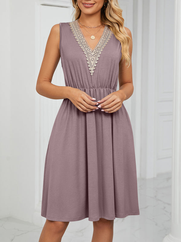 Women's knitted lace V-neck sleeveless pocket waist dress