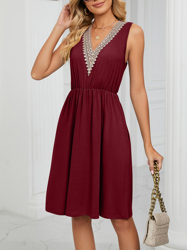 Women's knitted lace V-neck sleeveless pocket waist dress