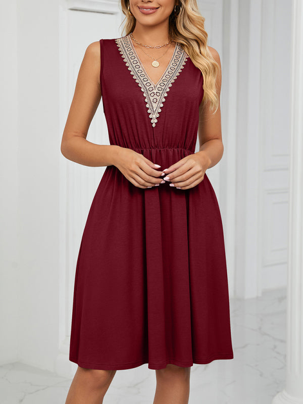 Women's knitted lace V-neck sleeveless pocket waist dress