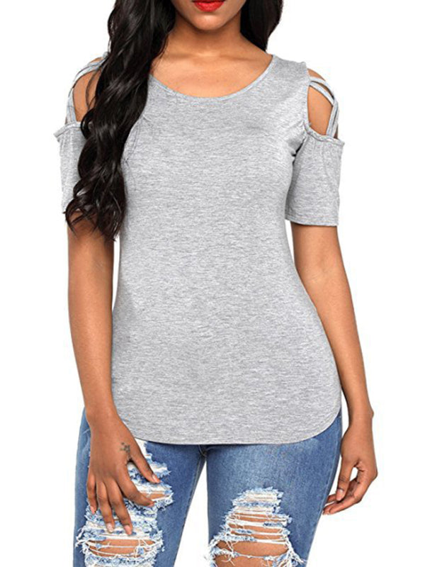 Women's Solid Color Solid Cut Out Detail Crew Neck Tee