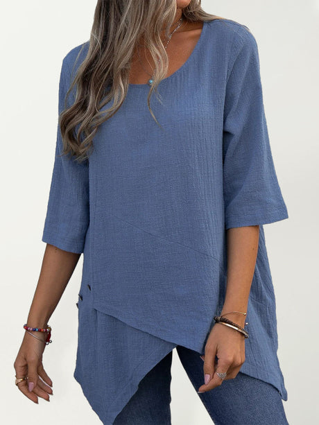 Women's Cotton Linen Round Neck Irregular Shirt Half Sleeve Top