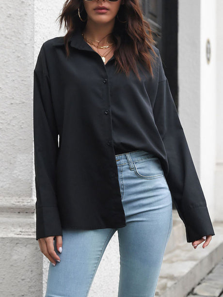 Women's Long Sleeve Drop Shoulder Shirt With Sleeve Button Detail