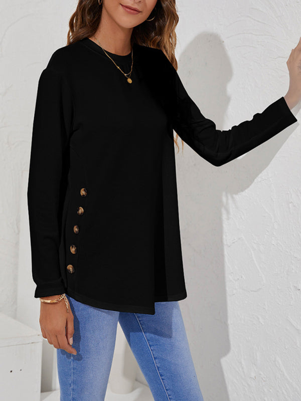 Women's Solid Color Button Detail Drop Shoulder Cable Knit Tee
