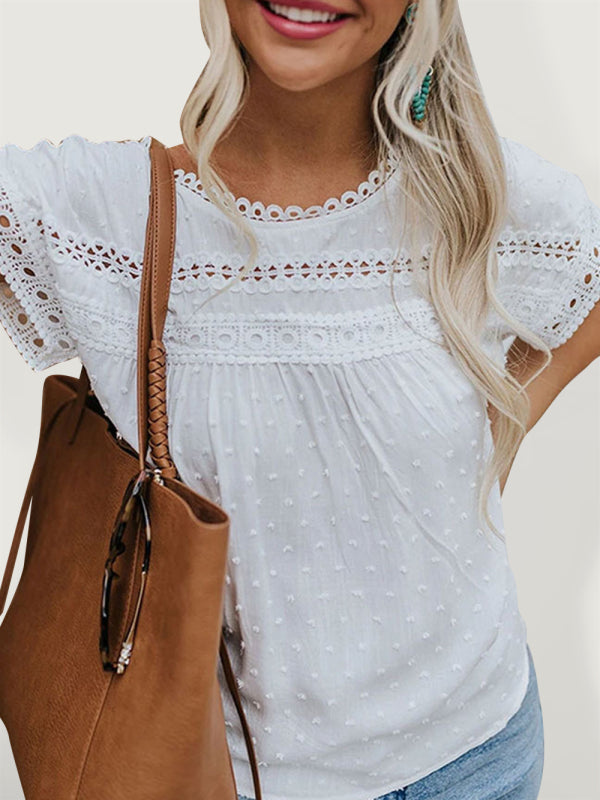 Women's Solid Color Flutter Sleeve Lace Trim Blouse