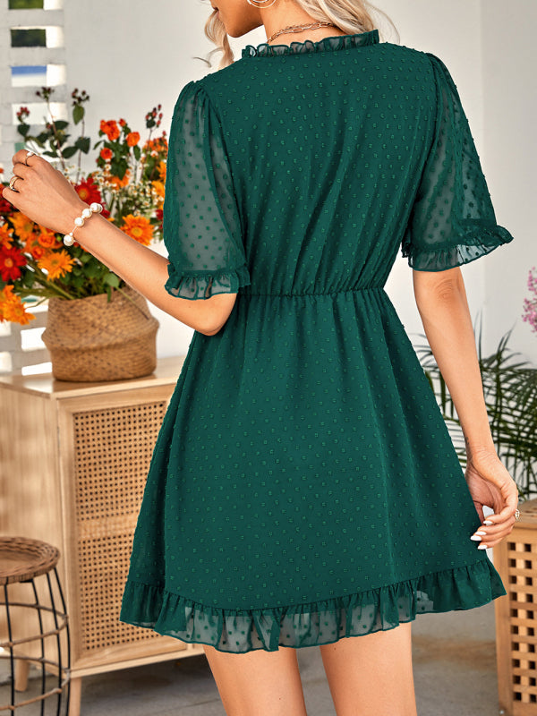 Women's Solid Color Ruffle Clip Dot Ruffle Sleeve Mini Faux Wrap Dress