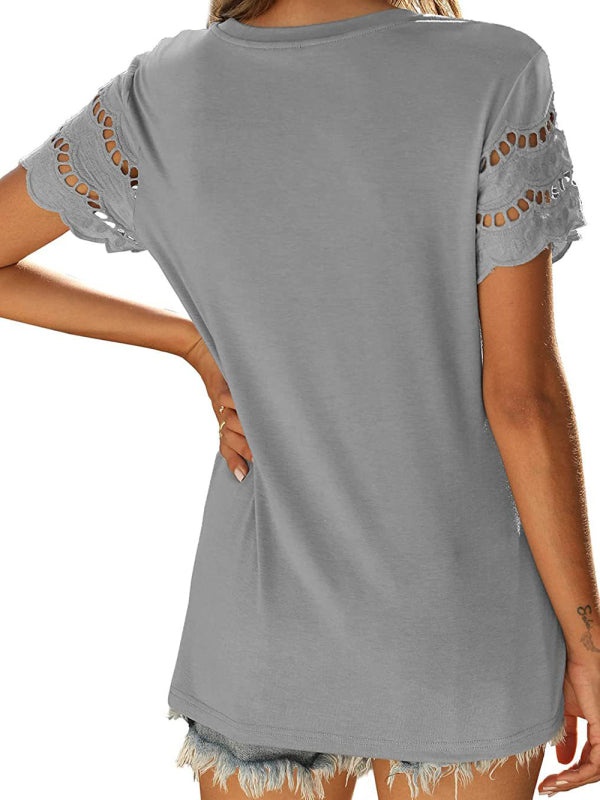 Women's Solid Color Lace Sleeve Knit Top