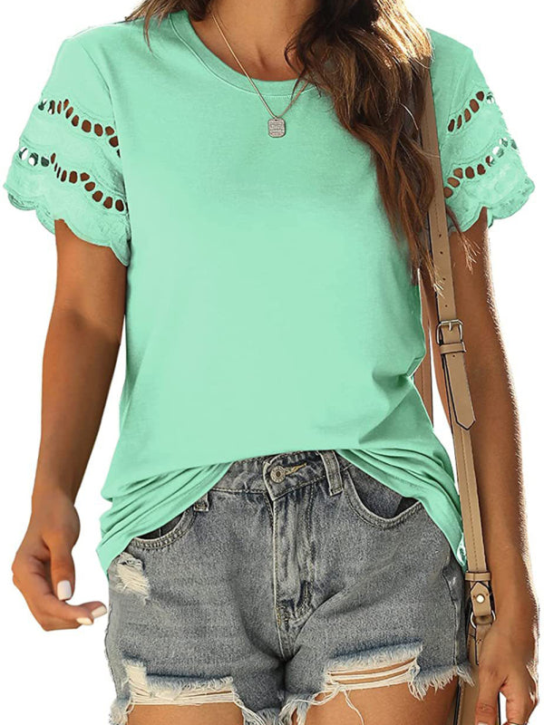 Women's Solid Color Lace Sleeve Knit Top