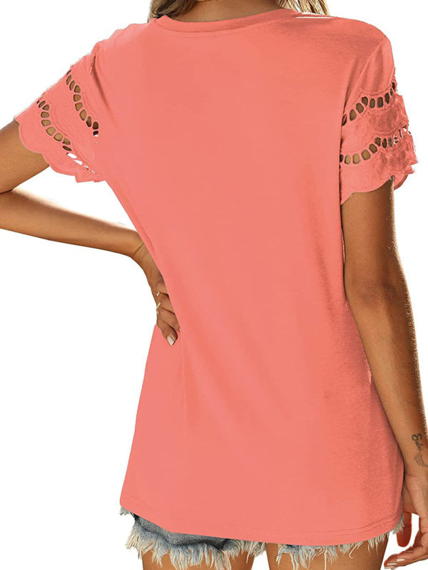 Women's Solid Color Lace Sleeve Knit Top