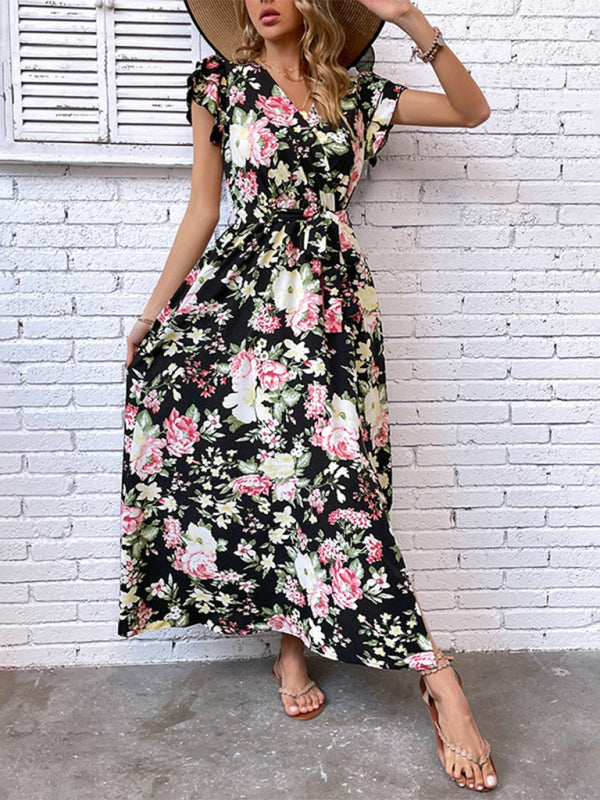 New European and American women's summer vacation mid-length slit floral dress