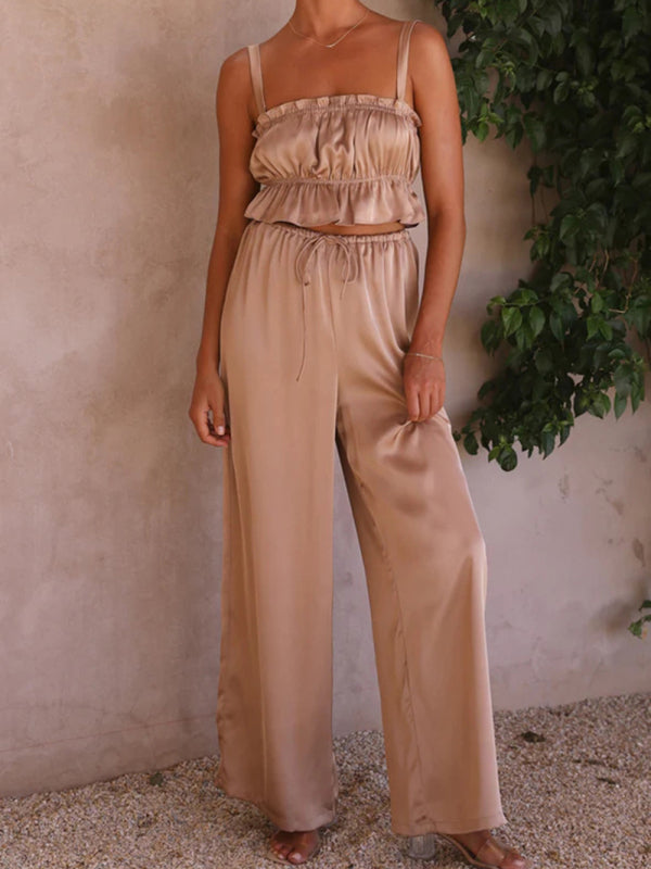 Women's Solid Color Ruffle Crop Top With Matching Wide-leg Pants