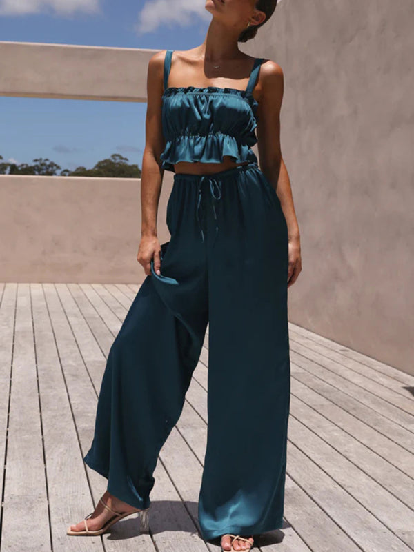 Women's Solid Color Ruffle Crop Top With Matching Wide-leg Pants