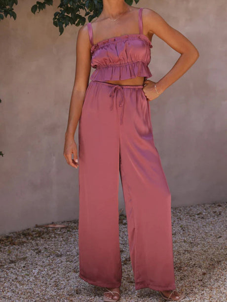 Women's Solid Color Ruffle Crop Top With Matching Wide-leg Pants