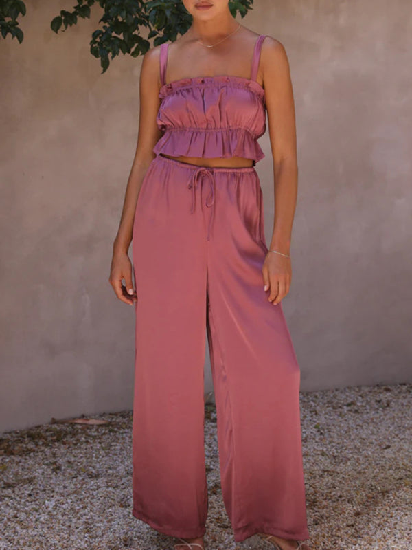 Women's Solid Color Ruffle Crop Top With Matching Wide-leg Pants