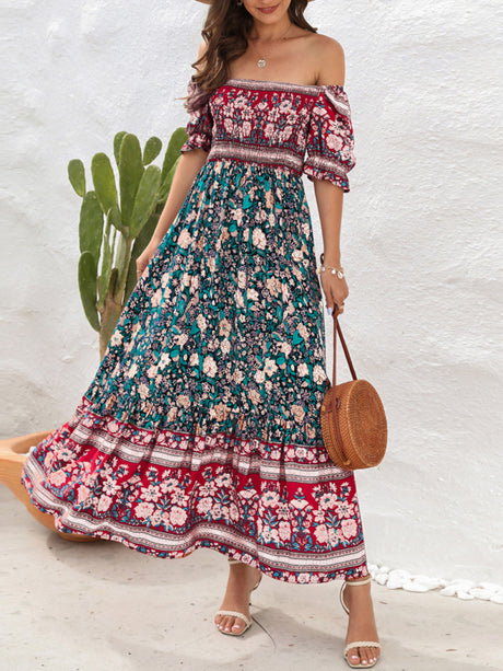 Opulence EmpórionBoho Beach Vacation Dress Off-Shoulder Puff Sleeve Floral Midi Dress