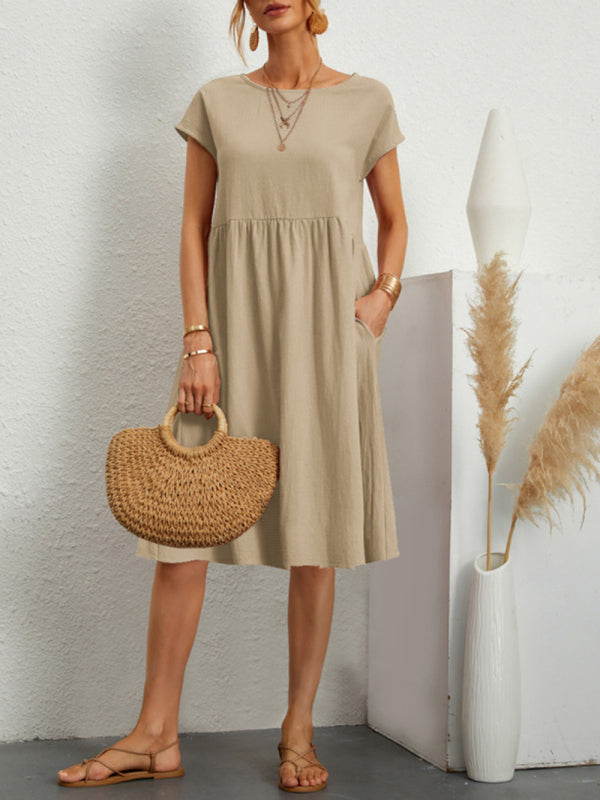 Women's Solid Color Cotton Linen Round Neck A-Line Dress