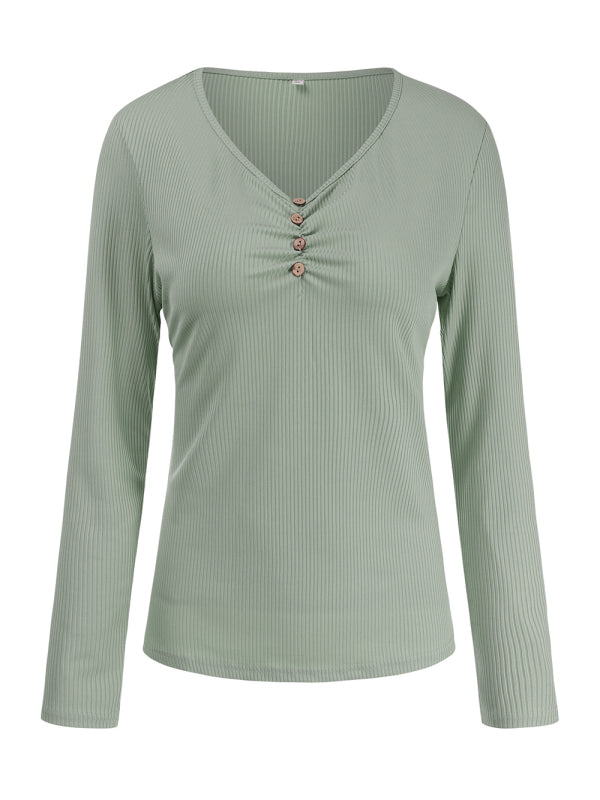 Women's Solid Color Ribbed Long-sleeved Henley Top