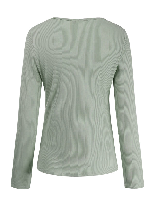 Women's Solid Color Ribbed Long-sleeved Henley Top