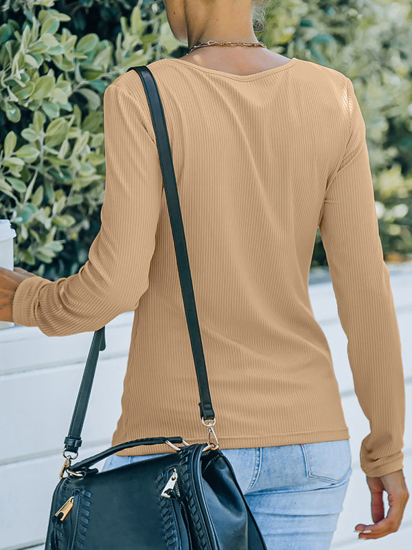 Women's Solid Color Ribbed Long-sleeved Henley Top