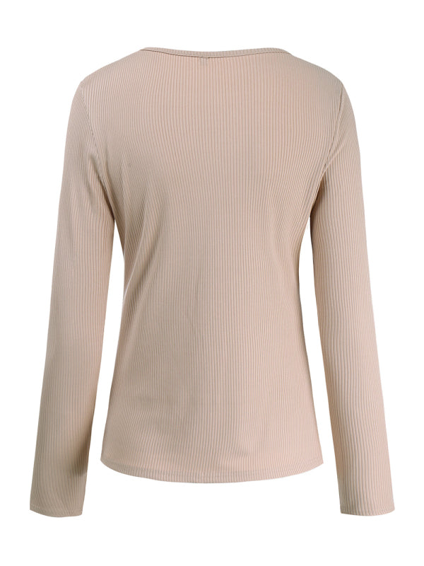 Women's Solid Color Ribbed Long-sleeved Henley Top