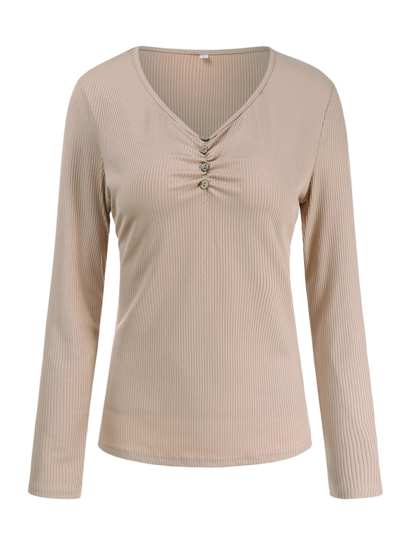 Women's Solid Color Ribbed Long-sleeved Henley Top