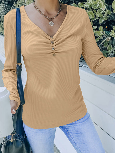 Women's Solid Color Ribbed Long-sleeved Henley Top