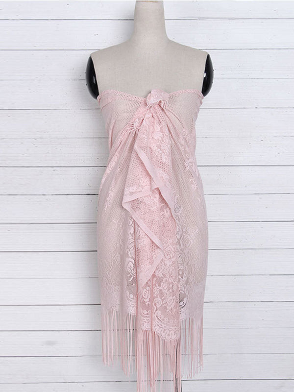 Women's hollow beach lace fringed blouse skirt