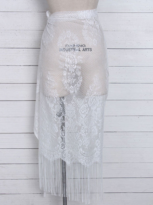 Women's hollow beach lace fringed blouse skirt