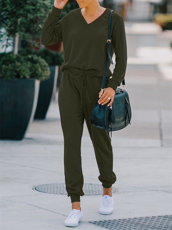 Women's Fashion Casual Homewear V-neck Loose Solid Color Suit for Women
